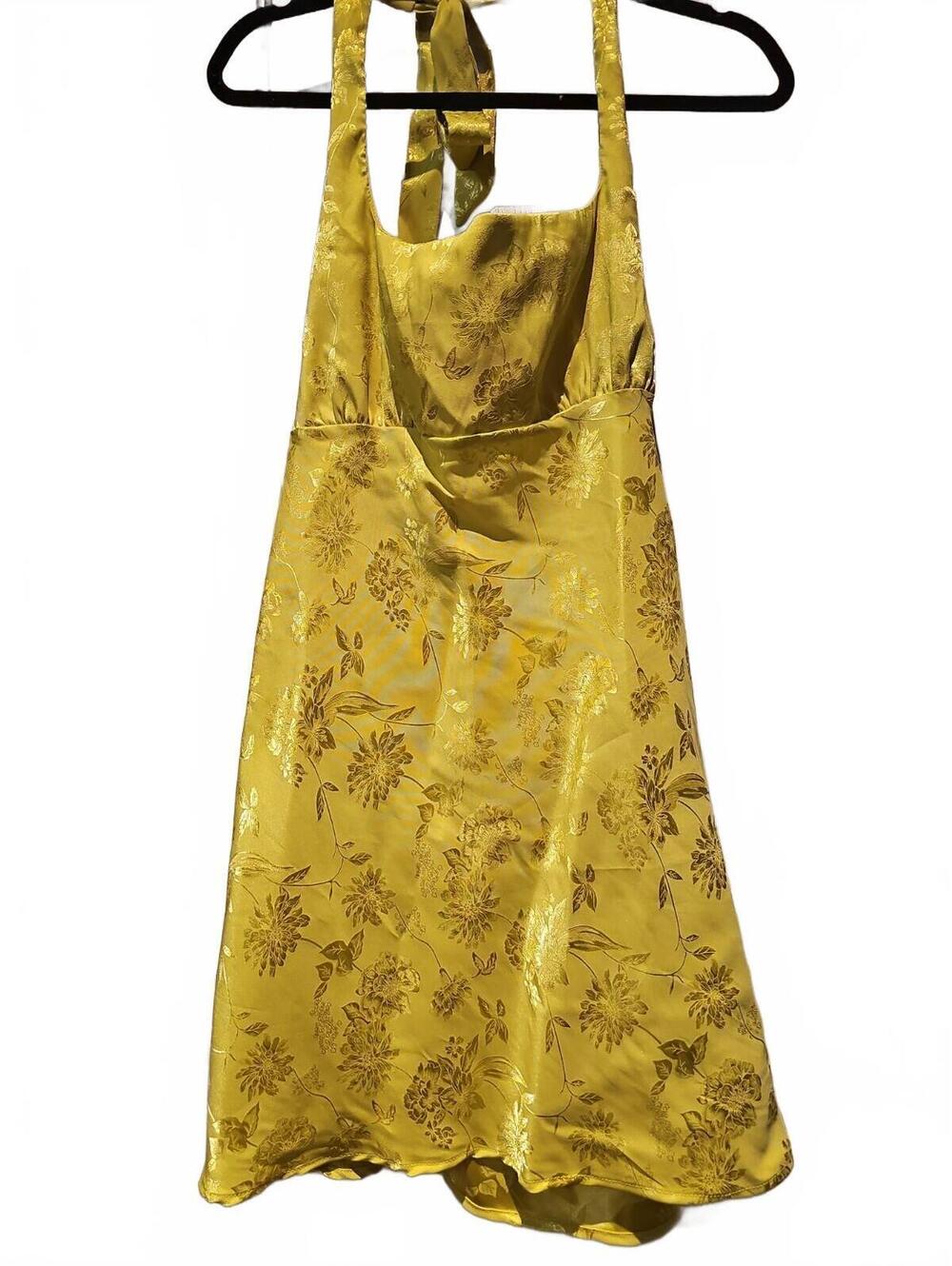 Wild Fable Halter Dress Women XL Yellow Excellent Floral Jacquard Satin NWT